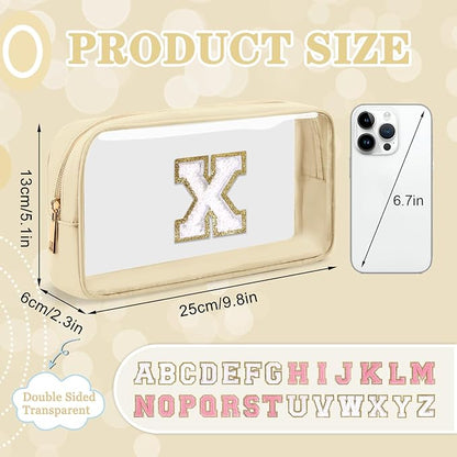 Small Clear Personalized Initial Makeup Bag, Preppy A-Z Chenille Letter Patch Cosmetic Bag, Cute Transparent Nylon Waterproof Zipper Beach Varsity Letter Pouch, Gift for Women Girls(Beige-White X)