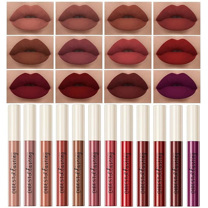 12Pcs Makeup Matte Lipstick Lip Kit, Classic Nudes & Bold Reds Lipstick Set, Non-Stick Cup Not Fade Liquid Lipstick Waterproof Long Lasting Durable Nude Lip Gloss, labiales mate 24 horas originale