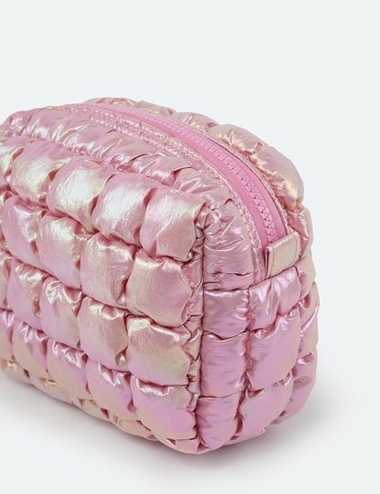 Yarnic Quilted Makeup Bag Cosmetic Bag, Travel Toiletry Bag for Women, Cute Makeup Bag Organizer Puffer Makeup Pouch (Iridescent Pink, S)
