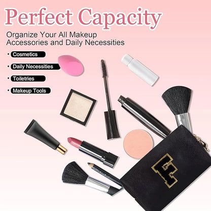 Small Personalized Letter Makeup Bag, Cute PU Leather Chenille Letters Cosmetic Bag Travel Makeup Pouch, Preppy Travel Organizer Zipper Pouch for Women&Girls（Black-F）