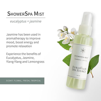 European Spa Source Jasmine + Eucalyptus ShowerSpa Mist Spray for Aromatherapy, At Home Spa Experience, Sinus Congestion Relief, and Tension Relief, 4 fl oz.