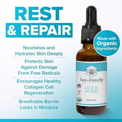 Organic Face & Eye Serum By BeeFriendly, Deep Hydration, Nourishes, Tightens, and Firms Facial Skin, and Lifts Facial Skin USDA Certified & All Natural Serum for Face, Women or Men, 1 oz