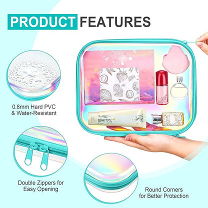 Hoolerry 4 Pcs Hard Clear Zipper Case Makeup Bags Plastic Pencil Pouch Transparent Storage Box Containers for Cosmetics, Snacks, Building Blocks, Puzzles(Blue Laser,9.8 x 7.9 x 2 in)