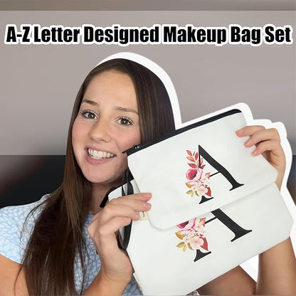 Vavabox A-Z Personalized Makeup Bag, Birthday Gifts for Women Mom, Gifts for Best Friend, Bride Bridesmaid Cosmetic bag (C, 03-White Set)