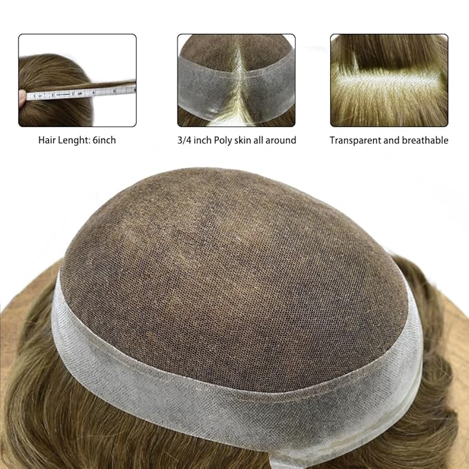 Mens Toupee Human Hair Piece French Lace Toupee for Man Hair System Indian Human Hair Replacement Systems V-Looped PU Front Hairpieces 7"X9" 17#DARK ASH BLONDE