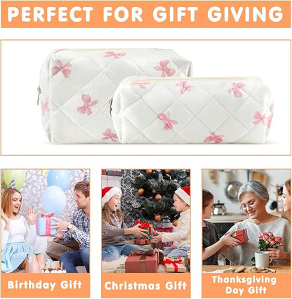 2Pcs Cotton Quilted Makeup Bag for Women Small Coquette Cosmetic Bags Cute Zipper Pink Bow Makeup Pouch Aesthetic Portable Pencil Case Travel Toiletry Bag Trendy Cloth Skincare Bags