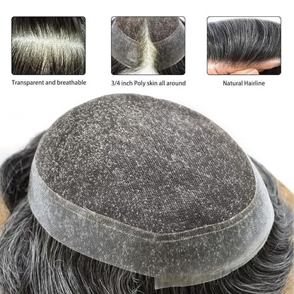 FACE MIRACLE Hair System for Men French Lace Mens Toupee Human Hair Replacement System Lace with PU Toupee for Men Male Hair Piece Wigs 7"X9" #1B20 Off Black with 20% Gray