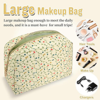 Nylon Large Floral Makeup Organizer Bag, Preppy Big Cute Flower Cosmetic Zipper Pouch Multi-compartment with Dividers, Waterproof Toiletry Make Up Bag Travel Essentials for Women(Light Yellow-Flower)