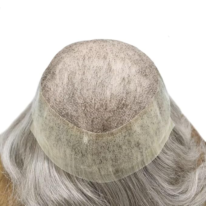 FACE MIRACLE Lace Front Mens Toupee Human Hair System Swiss Lace Center Toupee for Men Thin Skin PU Around Hair Replacement System V-Looped Mens Hair Wig Units 7"X9" #380 Dark Brown with 80% Gray