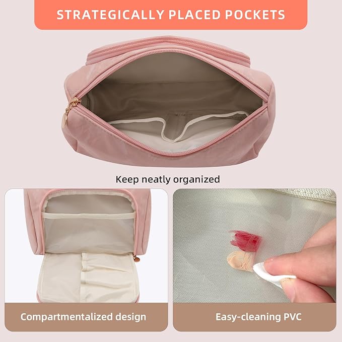Cosmetic Bag Travel Makeup Bag Large Capacity Small Travel Zipper Pouch Makeup Organizer Bag for Women (Pink-2 Pack)