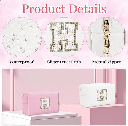 Small Personalized Glitter Initial Letter Makeup Bag, Cute PU Leather Chenille Letters Cosmetic Bag Travel Makeup Pouch, Preppy Travel Organizer Zipper Pouch for Women&Girls（White-H）