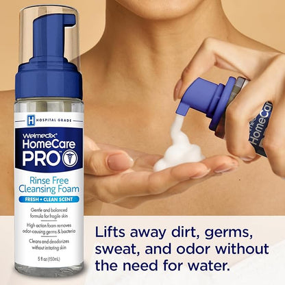 Welmedix HomeCare PRO No Rinse Body Wash Cleansing Foam, Easier Cleansing for Caregivers Managing Incontinence, Pressure ulcers, bedsores + use with Adult Wipes, Disposable washcloth (5oz)