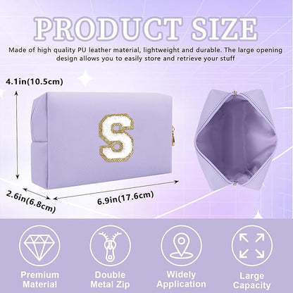 Personalized Initial Letter Patch Makeup Bag, Preppy Small Chenille Letter Cosmetic Bag with Zipper, PU Leather Waterproof Travel Toiletry Bag Monogram Make Up Pouch for Women Girls(Letter S)