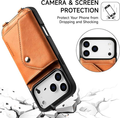 LUCKYCOIN Crossbody Wallet Phone Case for iPhone 17 Pro Max,100% Genuine Leather Wallet Phone Case with Expandable Flip Card Holder,Phone Purse for Women with Adjustable Removable Strap - Tan