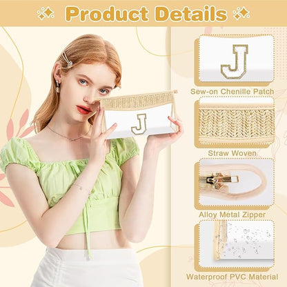 Personalized Initial Letter Bag Boho Straw Clear Makeup Bag,Small Cute Chenille Varsity Letter Pouch With Zipper,Beach Travel Toiletry,Portable Monogrammed Cosmetic Bag for Women Girls,J