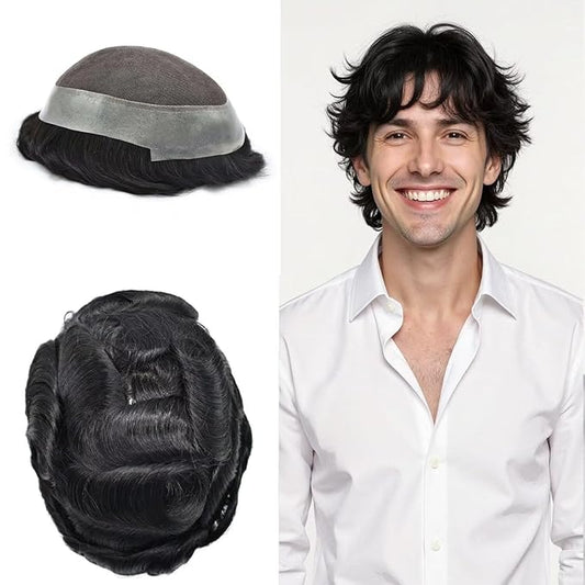 FACE MIRACLE Hair System for Men French Lace Mens Toupee Human Hair Replacement System Lace with PU Toupee for Men Male Hair Piece Wigs 8"X10" 1# JET BLACK