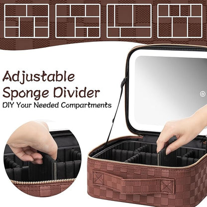 Makeup Travel Train Case with Mirror LED Light 3 Adjustable Brightness Large Cosmetic Bag Portable Storage Adjustable Partition Waterproof Makeup Brushes Make up Jewelry Gift for Women