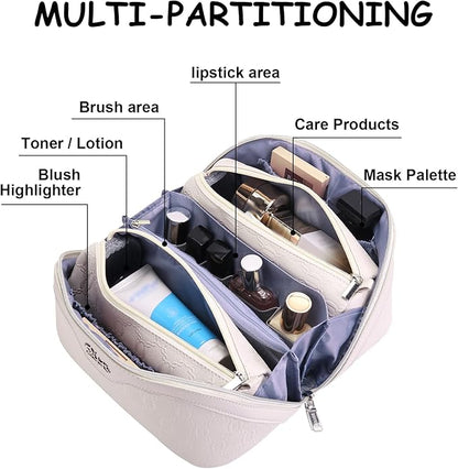 BOYATU Travel Makeup Bag for Women: Cosmetic Organizer Bag with Compartments - Leather Make up Bags Set of 3 (G-2-White)