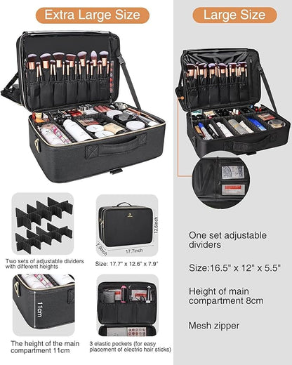 Relavel Extra Large Makeup Case Travel Makeup Bag Professional Leather Artist Bag Portable Cosmetic Brush Holder Organizer Nail Organizer Box with Adjustable Dividers