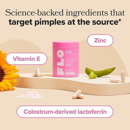 O Positiv FLO Acne Capsules – Reduce Number and Severity of Pimples, Whiteheads, Blackheads, and Pustules on Face, Back, and Body – Colostrum-Derived Lactoferrin, Zinc and Vitamin E – 30 Servings