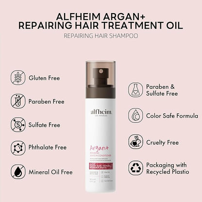 ALFHEIM Argan+ Repairing Leave-in Conditioner Spray for Dry, Damaged & Frizzy Hair with Argan Oil, Keratin, Oat Protein – Instant Detangling, Shine & Frizz Control – Color Safe, Sulfate Free – 5.4 oz