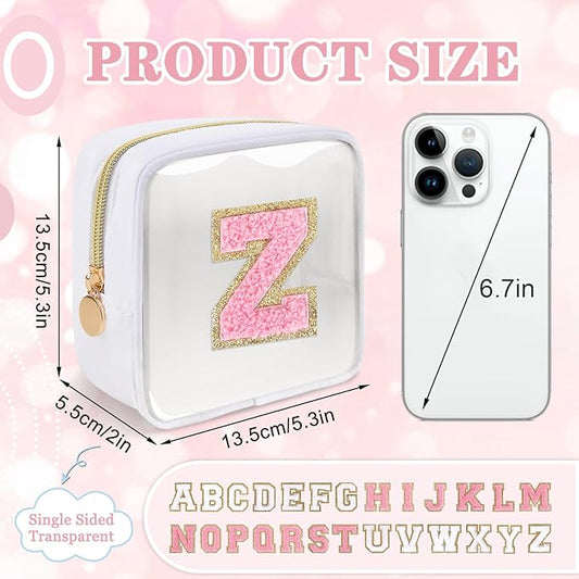 Iqimott Mini Clear Personalized Initial Makeup Bag, Small Preppy A-Z Chenille Letter Patch Cosmetic Pouch, Transparent PVC & Nylon Waterproof Zip Beach Toiletry Bag,Gift for Women Girls(White-Pink Z)