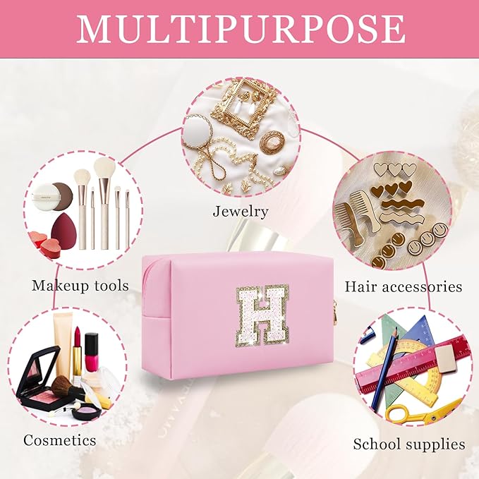 Personalized Initial Makeup Bag, Small Glitter Letter Patch Cosmetic Pouch Zipper, Preppy Makeup Organizer PU Waterproof Travel Toiletry Bag,Monogrammed Birthday Gift for Women Girls(Letter H)