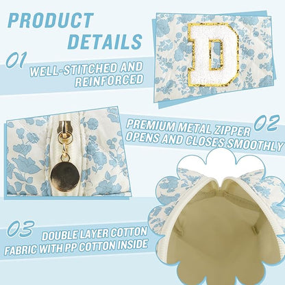 Personalized Quilted Cosmetic Bag, Puffy Monogrammed Christmas Birthday Gifts for Women & Girls, Cute initial Floral Makeup Bag Puffer Coquette Bag, Aesthetic Travel Toiletry Zipper Pouch(Blue,D)
