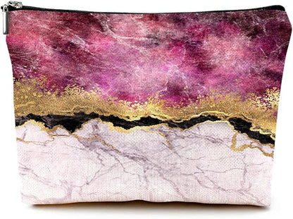 Cute Makeup Bag for Purse Canvas Waterproof Funny Cosmetic Bags for Women Zipper Travel Toiletry Pouch-Wine Marble Makeup Bags