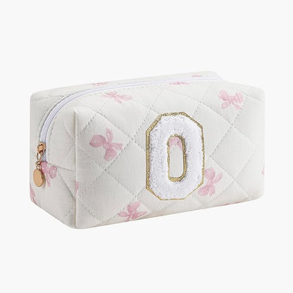 Gleyemor Personalized Initial Makeup Bag for Women, Cute Quilted Pink Floral Cotton Cosmetic Bag, Christmas Gifts for Her Mom Friend Sister Bridesmaid Teacher Women O
