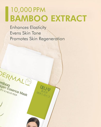 DERMAL Bamboo Collagen Essence Facial Mask Sheet 23g Pack of 10 - Hydrating & Calming, For Dewy and Glowing Skin, Daily Skin Treatment Solution Sheet Mask