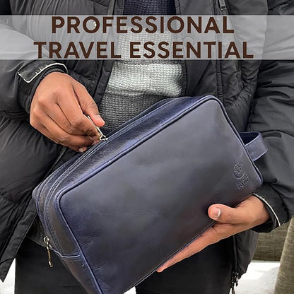 RUSTIC TOWN Leather Toiletry Bag for Men - Travel Shaving Ditty Kit - Bathroom Shower Toiletries Organizer - Leather Cosmetic Bag for Women (Oxford Blue)