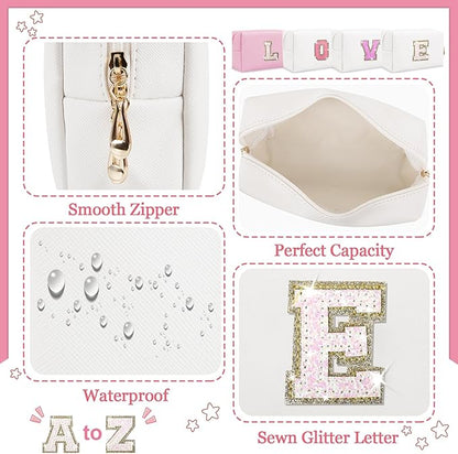 Personalized Initial Makeup Bag - Preppy Glitter Letter Patch Cosmetic Pouch With Zipper, PU Waterproof Travel Toiletry Organizer, Monogrammed Gift for Women Girls (Letter E)