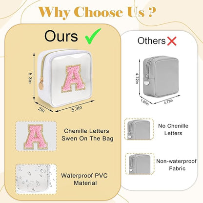Personalized Initial Letter Clear Preppy Makeup Bag,Mini Nylon Chenille Letter Cosmetic Bag Cute Zipper Pouch Purse for Teen Girls,Portable TSA Approved Beach Travel Essentials Bag Gift for Women,F