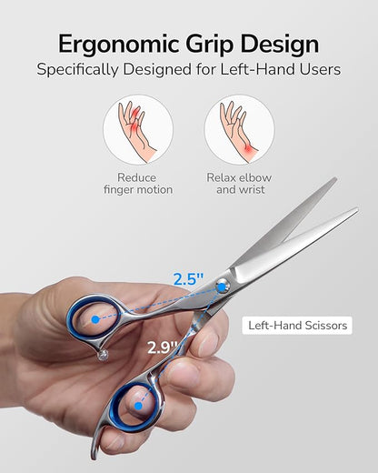 Hair Cutting Scissors for Left Hand, ULG Left-Handed Professional Hair Scissors 6.5-Inch Razor Edge Barber Shears for Salon and Home Hair Cutting Made of Japanese Stainless Steel, Blue Fingerhole Ring