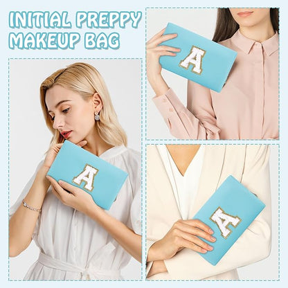 Personalized Initial Preppy Patch Makeup Bag, Small Blue Cute Cosmetic Pouch Makeup Organizer Travel Toiletry Zipper Pouch, Monogram Waterproof PU Chenille Letter Storage Bag Gift for Women(Letter A)