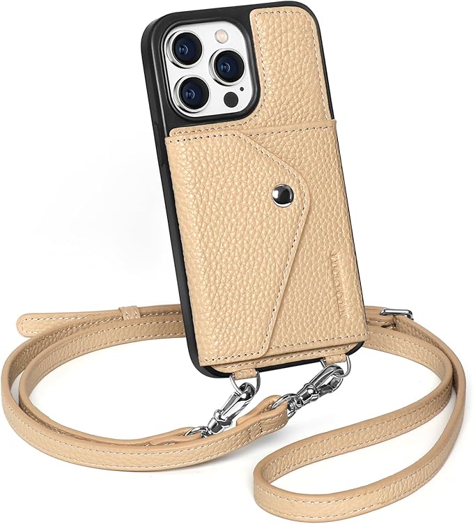 LUCKYCOIN Crossbody Wallet Phone Case for iPhone 14 Pro,100% Genuine Leather Wallet Phone Case with Expandable Flip Card Holder,Phone Purse for Women with Adjustable Removable Strap - Pebble Beige