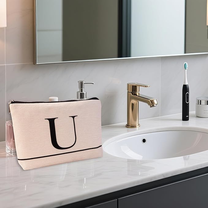 Letter A-Z Initial Personalized Makeup Bags, Birthday Gifts for Women, Monogrammed Gifts for Women Mom Sister Best Friend Bride Bridesmaid, Mothers Day, Christmas, Small Travel Cosmetic Bag (U)