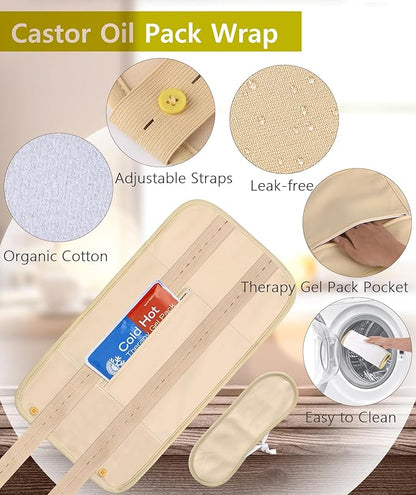 Castor Oil Organic Cold Pressed Unrefined, Amber Glass Bottle with Castor Oil Pack Wrap and Cotton Flannel Cloth for Body, 8oz/237ml