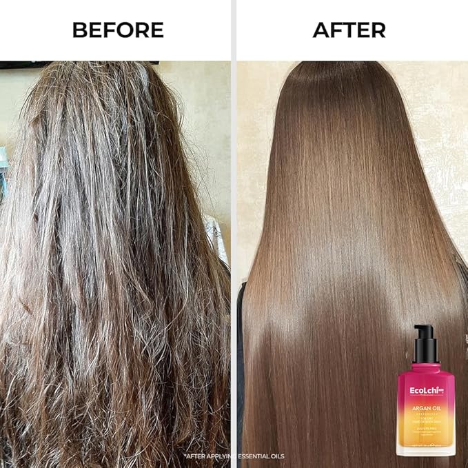 Ecolchi Argan Hair Oil Hair Serum Cold Pressed Weightless Vitamin E Argan Oil Hair Treatment for Dry Damaged Hair Body Skin 60ml