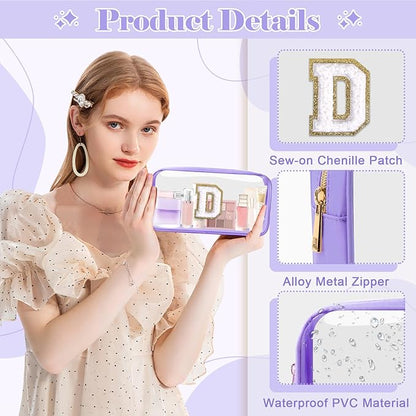 Personalized Initial Letter Clear Makeup Bag,Preppy Small Nylon&PVC Cosmetic Zipper Bag with Chenille Letter,Travel Skincare Toiletry Bag,Monogram Christmas Gift for Teen Girls Women,D