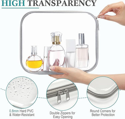 Sanwuta 6 Pcs Clear Hard Zipper Case Hard Plastic Zipper Pouches Makeup Bag Pencil Pouches Transparent Cases for Snacks Plastic Storage Organizer Box for Travel(Gray,9.84 x 7.87 x 2 Inch)