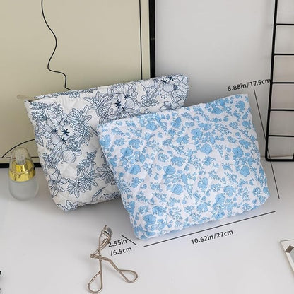 DOB SECHS Floral Makeup Bag Cute Quilted Makeup Pouch with Wristlet Kawaii Puffer Cosmetic Bag Large Capacity Cotton Makeup Bag for Women Brush Storage Pencil Case Travel Organizer Clutch, Blue White