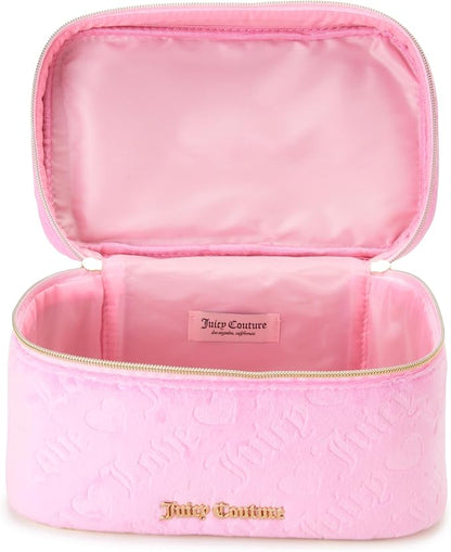 Juicy Couture Pink Makeup Bag Cosmetics Organizer Travel Essentials Train Case Velour Heart Logo