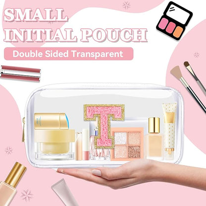 Small Clear Personalized Initial Makeup Bag, Preppy Nylon A-Z Chenille Letter Patch Makeup Organizer TSA Approved Travel Toiletry Bag,Waterproof Zip Beach Cosmetic Pouch Purse for Women(White-Pink T)