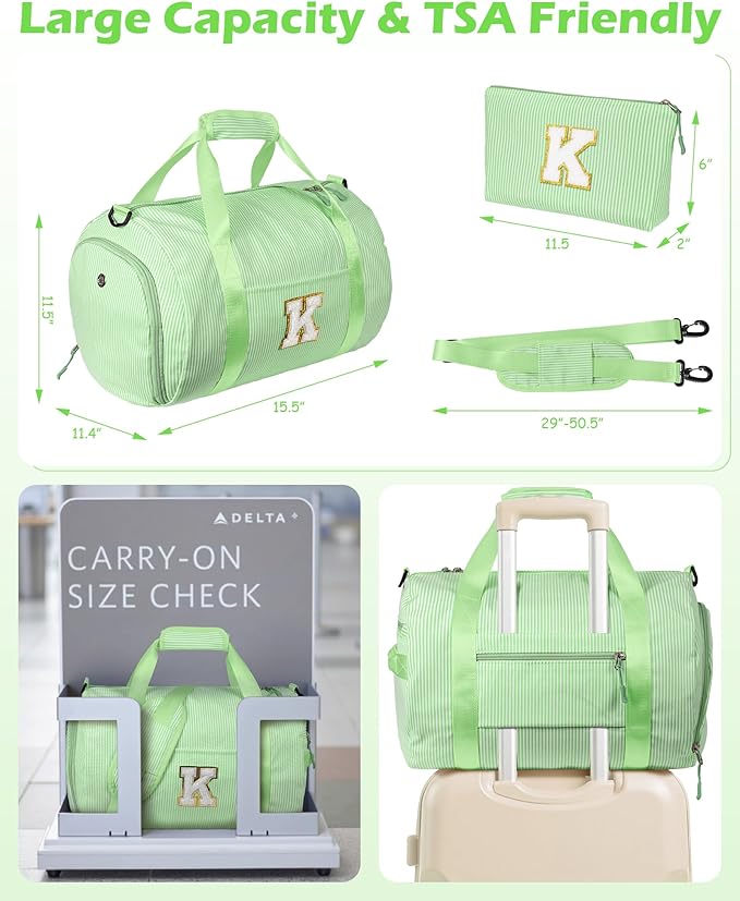 Gifts for Teenager, Girls Travel Duffle Bag, Kids Initial Overnight Bags with Shoe Compartment, Personalized Weekend Bag with Makeup Pouch, Gift for Gymnastics Girl (Letter K)