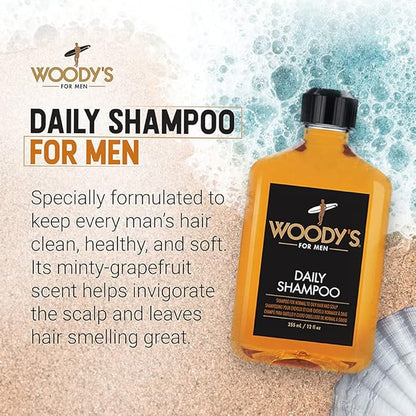Woody's Men's Daily Shampoo - Nourishing Cleanser with Vitamin B5, Aloe Vera & Ginger, for All Hair Types, 12 Fl Oz