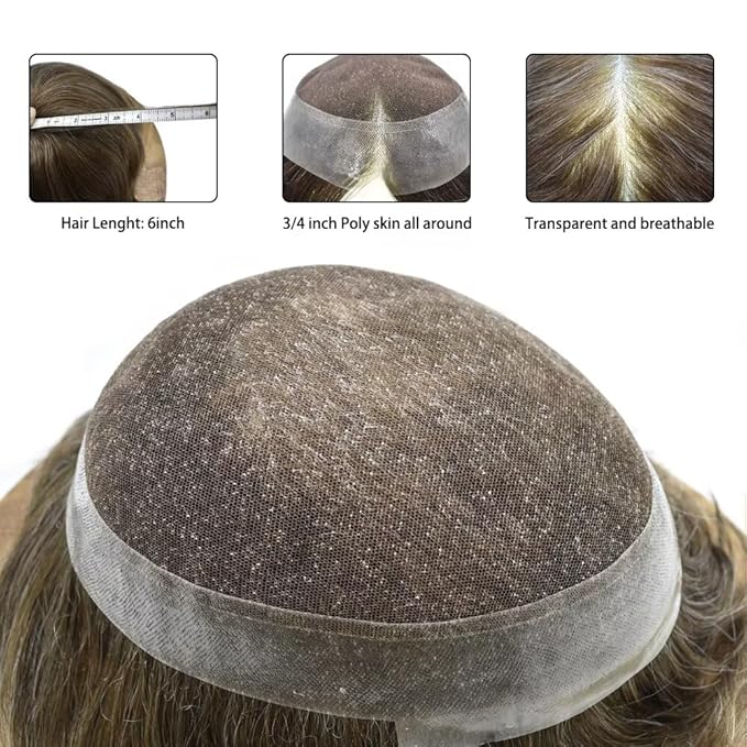 FACE MIRACLE French Lace Mens Toupee Human Hair System Lace Center Toupee for Men Thin Skin PU Around Hair Replacement System V-Looped Mens Hair Wig 6"X9" #520 5# MEDIUM LIGHT BROWN WITH 20% GREY