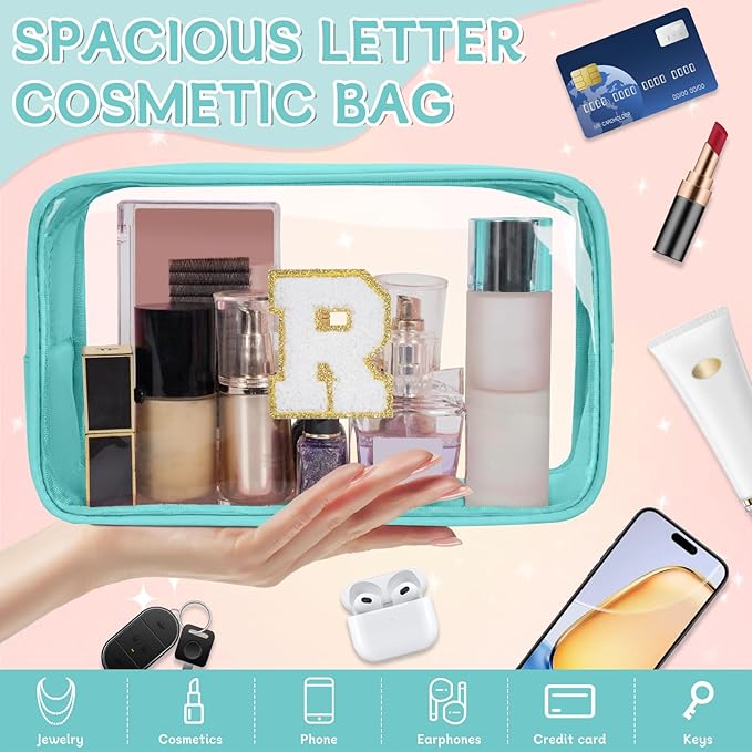 Personalized Initial Clear Makeup Bag, Travel Chenille Patch Cosmetic Bag, Preppy Toiletry Bag Monogram Cosmetic Pouch with Zipper, Ideal Gift for Teen Girls Women (Clear-Green, R)