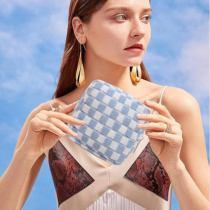Small Blue Makeup Bag for Purse, Mini Checkered Cosmetic Bag Zipper Cute Make Up Pouch Travel Toiletry Case Quilted Aesthetic Accessories Makeup Storage Bag Organizer for Women Girls